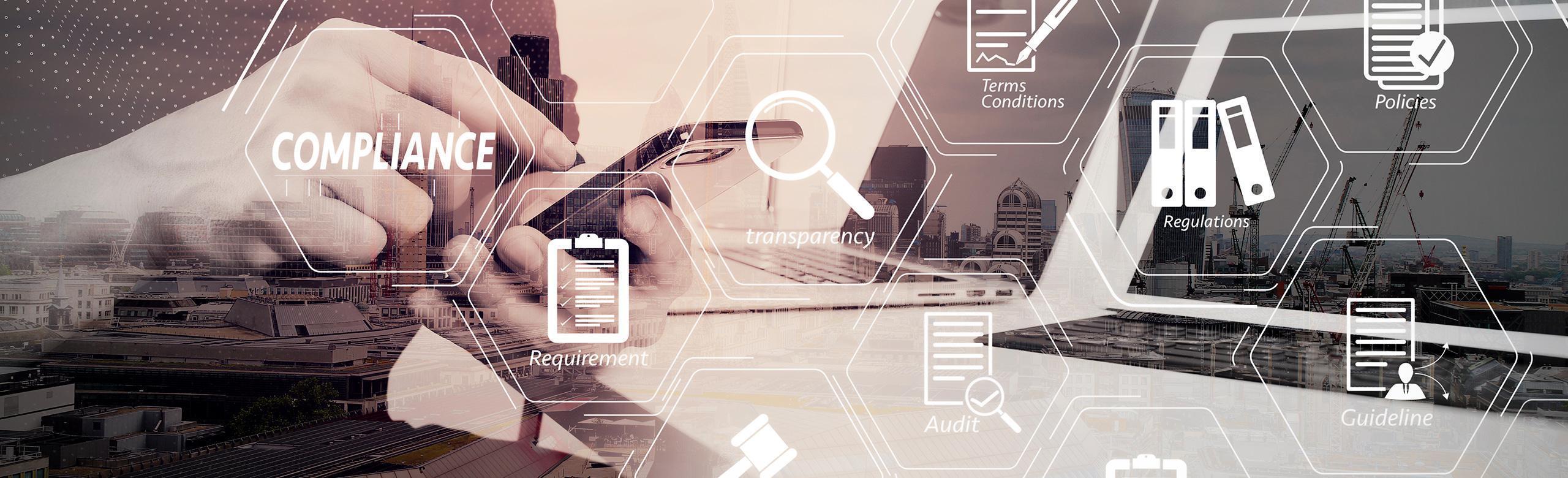 Digital concept image on “Compliance”: Overlay of icons like folders, magnifier, policies, checklists, and words such as “Transparency” and “Audit” on an urban office background with hands holding a tablet.